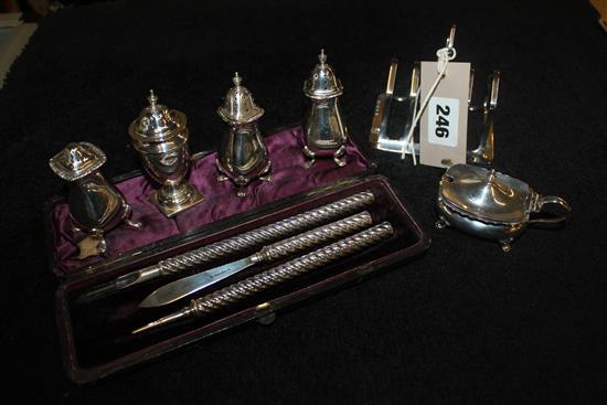 Silver toast rack & condiments & pen set